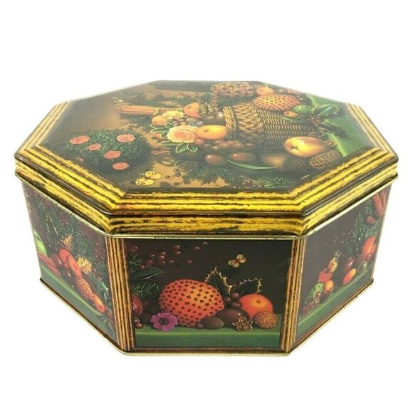 Octagonal Cake Cookie Tin Holiday Fruit Basket Container 9.5x9.5 Vintage - Picture 3 of 9